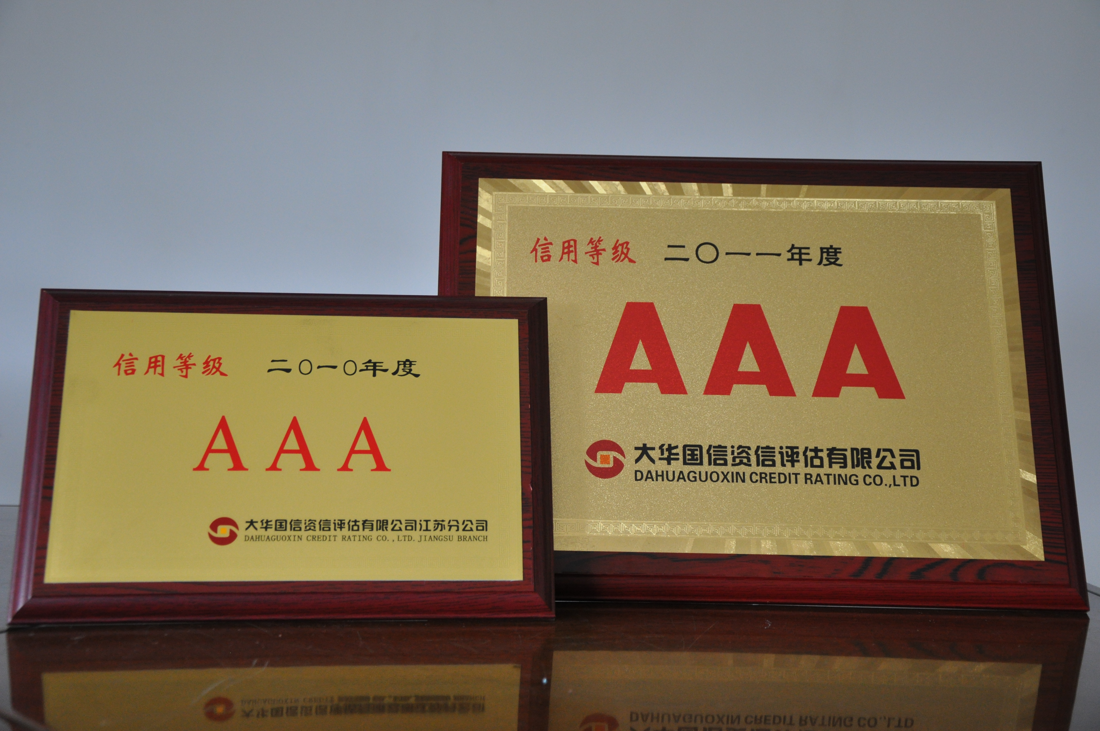 1996年至今連續15年獲得江蘇大華、遠東、東宇等國際評估機構資信評估AAA信用等級